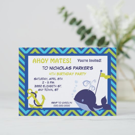 かわいいクジラといかり誕生日パーティーの招待状 招待状 (スタンド正面)