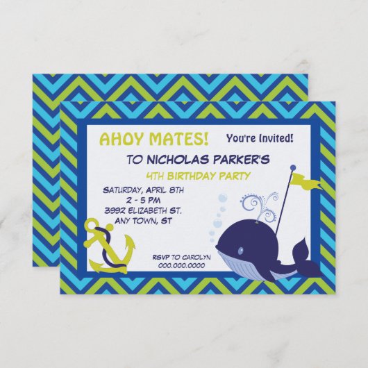 かわいいクジラといかり誕生日パーティーの招待状 招待状 (正面/裏面)