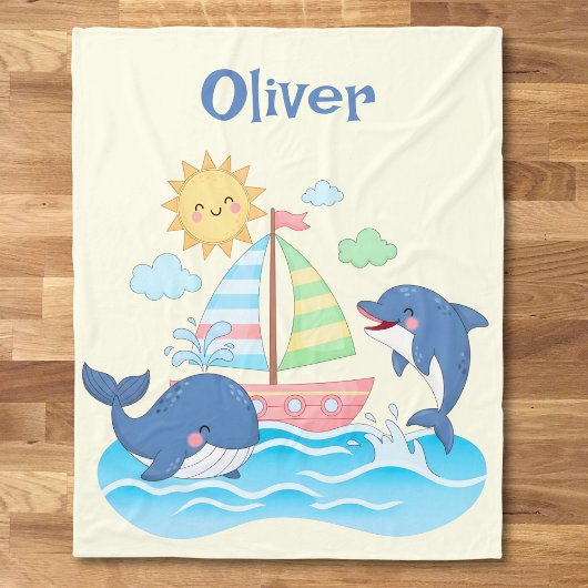 かわいいクジラとイルカの帆船 フリースブランケット