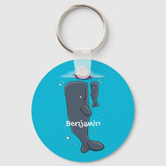 かわいいクジラとセーリングボート漫画イラストレーション キーホルダー (正面)