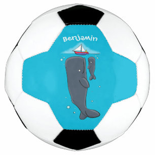 かわいいクジラとセーリングボート漫画イラストレーション サッカーボール
