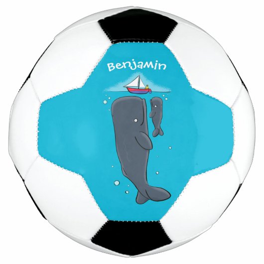 かわいいクジラとセーリングボート漫画イラストレーション サッカーボール (正面)