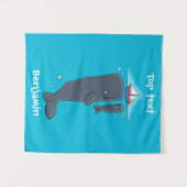 かわいいクジラとセーリングボート漫画イラストレーション タペストリー (正面(横))