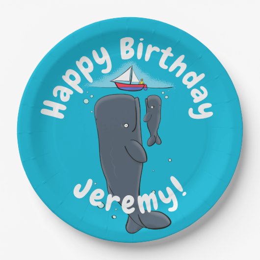 かわいいクジラとセーリングボート漫画イラストレーション ペーパープレート (正面)