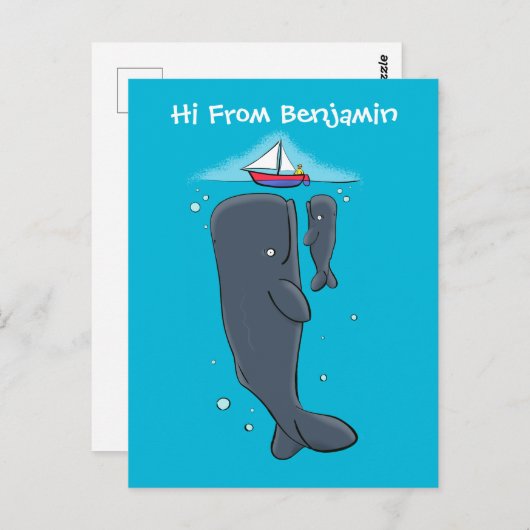 かわいいクジラとセーリングボート漫画イラストレーション ポストカード (正面/裏面)