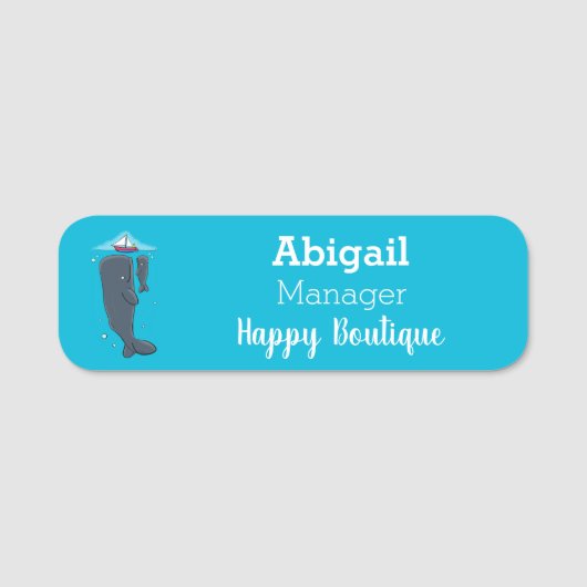 かわいいクジラとセーリングボート漫画イラストレーション 名札 (正面)