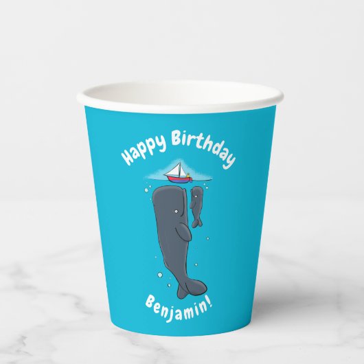 かわいいクジラとセーリングボート漫画イラストレーション 紙コップ (正面)