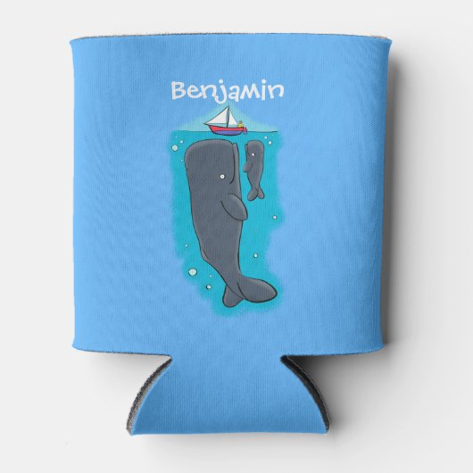 かわいいクジラとセーリングボート漫画イラストレーション 缶クーラー (正面)