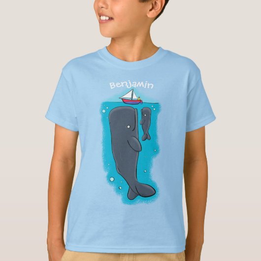 かわいいクジラとセーリングボート漫画イラストレーション Tシャツ (正面)