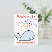 かわいいクジラとハートスプレー子供のバレンタインカード ポストカード (スタンド正面)