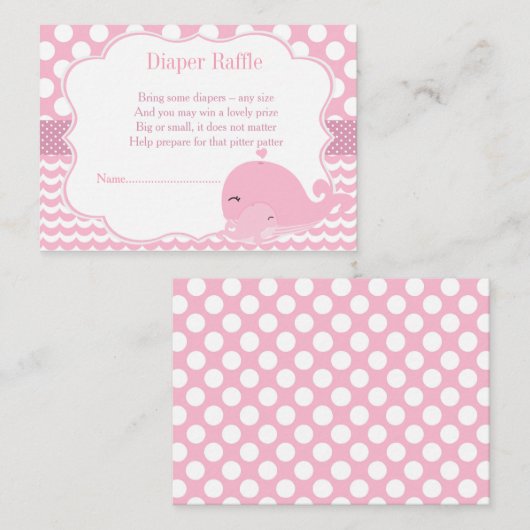 かわいいクジラとベビーピンクガールベビーおむつラッフル エンクロージャーカード (正面/裏面)