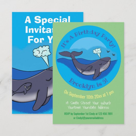 かわいいクジラと子クジラのイラスト 招待状 (正面/裏面)