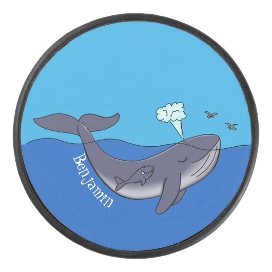 かわいいクジラと子牛のお洒落漫画 アイスホッケーパック (正面)