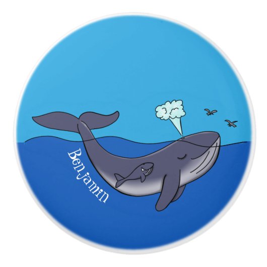 かわいいクジラと子牛のお洒落漫画 セラミックノブ (正面)