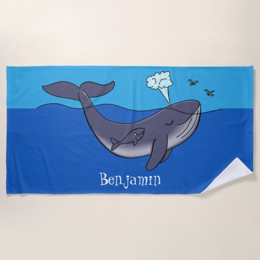 かわいいクジラと子牛のお洒落漫画 ビーチタオル (正面)