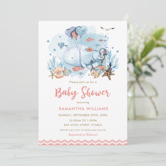 かわいいクジラと海の下コーラルガールベビーシャワー 招待状 (スタンド正面)