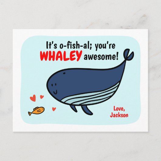 かわいいクジラと魚のバレンタインデー子供へス シーズンポストカード (正面)