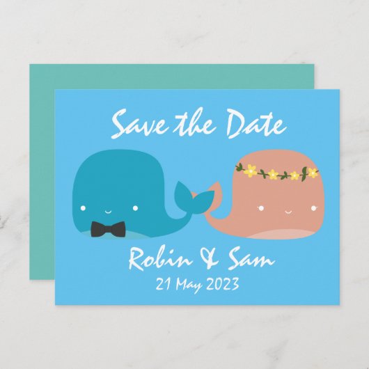 かわいいクジラの漫画でSave the Date インビテーションポストカード (正面/裏面)