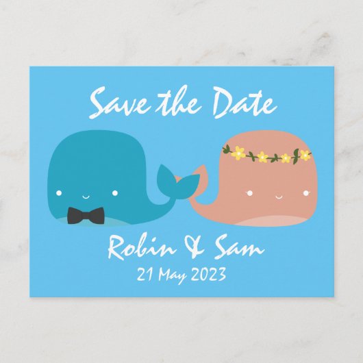 かわいいクジラの漫画でSave the Date インビテーションポストカード (正面)