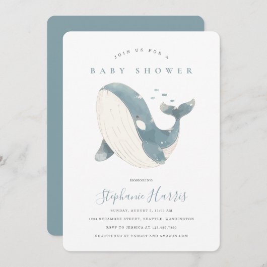かわいいクジラの赤ちゃんシャワーパーティの招待状 招待状 (正面/裏面)