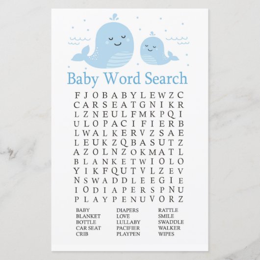 かわいいクジラの赤ちゃんシャワー単語検索ゲーム (正面)