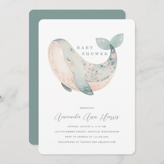 かわいいクジラの赤ちゃんシャワー招待状 招待状 (正面/裏面)