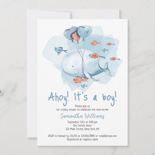 かわいいクジラの赤ちゃんシャワー 招待状 (正面)