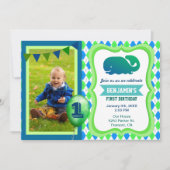 かわいいクジラの1歳の誕生日パーティーの写真招待状 招待状 (正面)