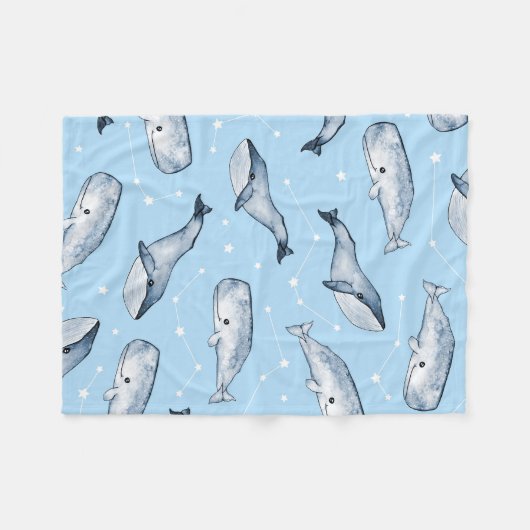 かわいいクジラや星の縫い目のない模様。水 フリースブランケット (正面(横))