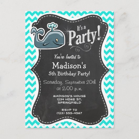 かわいいクジラターコイズアクアカラーシェブロン インビテーションポストカード (正面)
