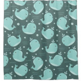 かわいいクジラ柄オンティール(緑がかった色)ブルーキッズバスルーム シャワーカーテン (正面)