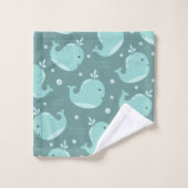 かわいいクジラ柄オンティール(緑がかった色)ブルーキッズバスルーム バスタオルセット (ウォッシュタオル)