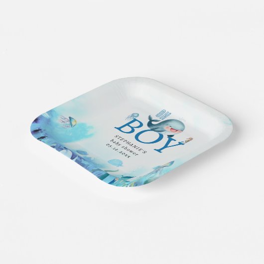 かわいいクジラ海の下に色の男の子の赤ちゃんシャワー ペーパープレート (傾斜あり)