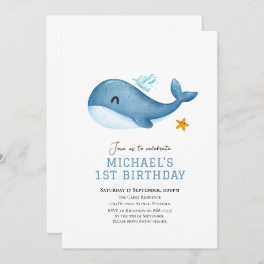 かわいいクジラ海の誕生日の招待の下 招待状 (正面/裏面)