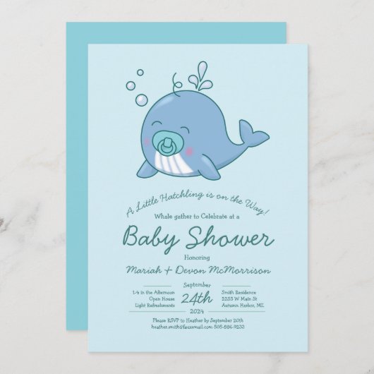 かわいいクジラ赤ちゃんシャワーかわいい招待状ボーイブルー 招待状 (正面/裏面)