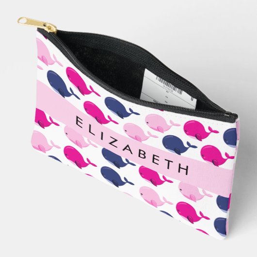 かわいいクジラ、クジラの模様、あなたの名前 アクセサリーポーチ (見開き)