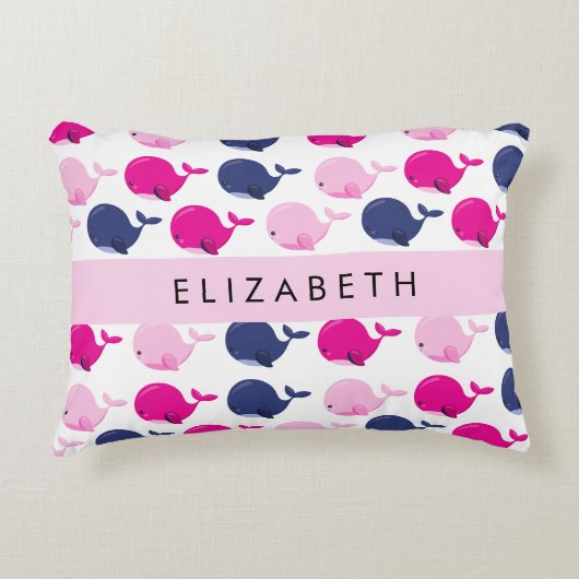 かわいいクジラ、クジラの模様、あなたの名前 アクセントクッション (正面)