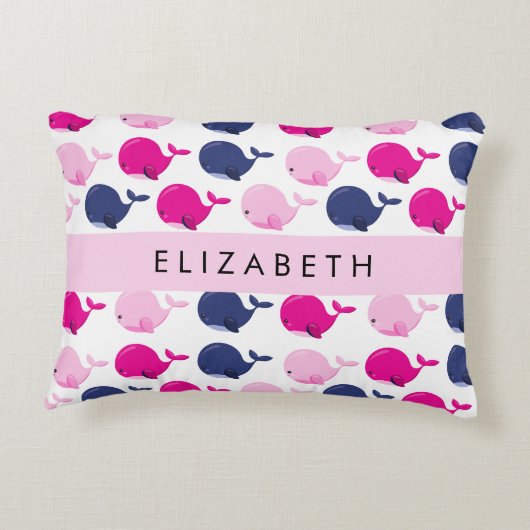 かわいいクジラ、クジラの模様、あなたの名前 アクセントクッション (裏面)