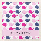 かわいいクジラ、クジラの模様、あなたの名前 ガラスコースター (正面)