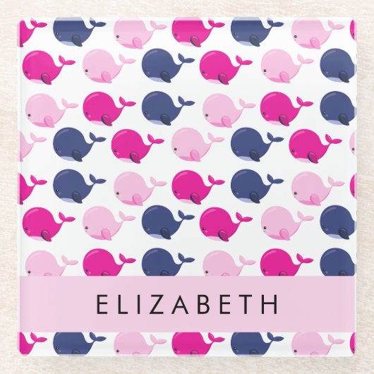 かわいいクジラ、クジラの模様、あなたの名前 ガラスコースター (正面)