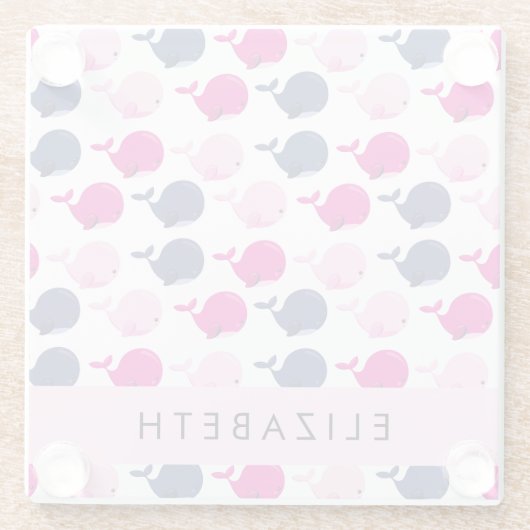 かわいいクジラ、クジラの模様、あなたの名前 ガラスコースター (裏面)