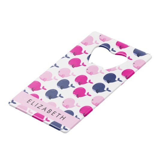 かわいいクジラ、クジラの模様、あなたの名前 クレジットカード栓抜き (正面アングル)