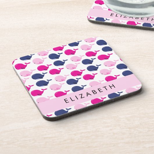 かわいいクジラ、クジラの模様、あなたの名前 コースター (左側)
