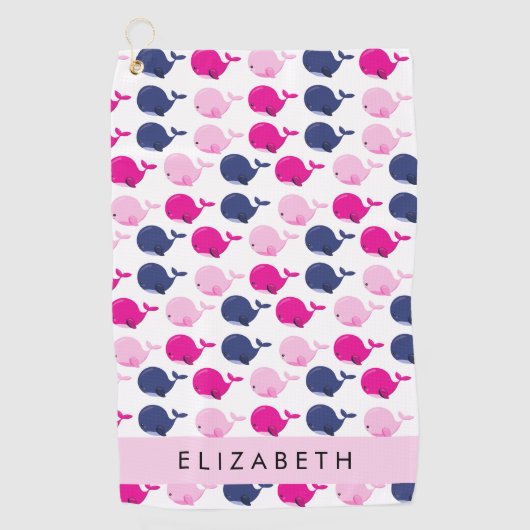 かわいいクジラ、クジラの模様、あなたの名前 ゴルフタオル (正面)