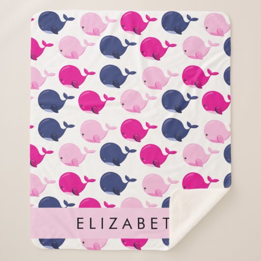 かわいいクジラ、クジラの模様、あなたの名前 シェルパブランケット (正面)