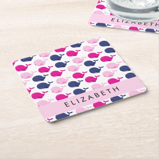 かわいいクジラ、クジラの模様、あなたの名前 スクエアペーパーコースター (アングル)