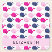 かわいいクジラ、クジラの模様、あなたの名前 スクエアペーパーコースター (正面)