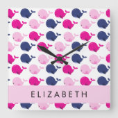 かわいいクジラ、クジラの模様、あなたの名前 スクエア壁時計 (正面)