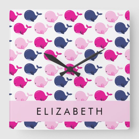 かわいいクジラ、クジラの模様、あなたの名前 スクエア壁時計 (正面)