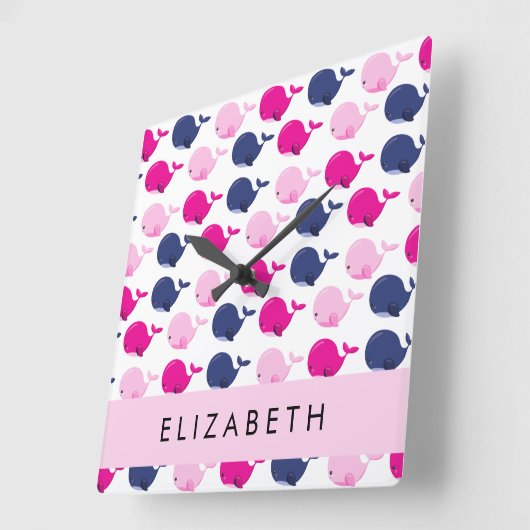 かわいいクジラ、クジラの模様、あなたの名前 スクエア壁時計 (傾斜)